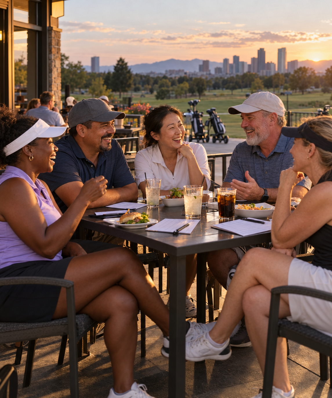 A diverse group of golfers laughs together on a Denver clubhouse patio after their rounds.