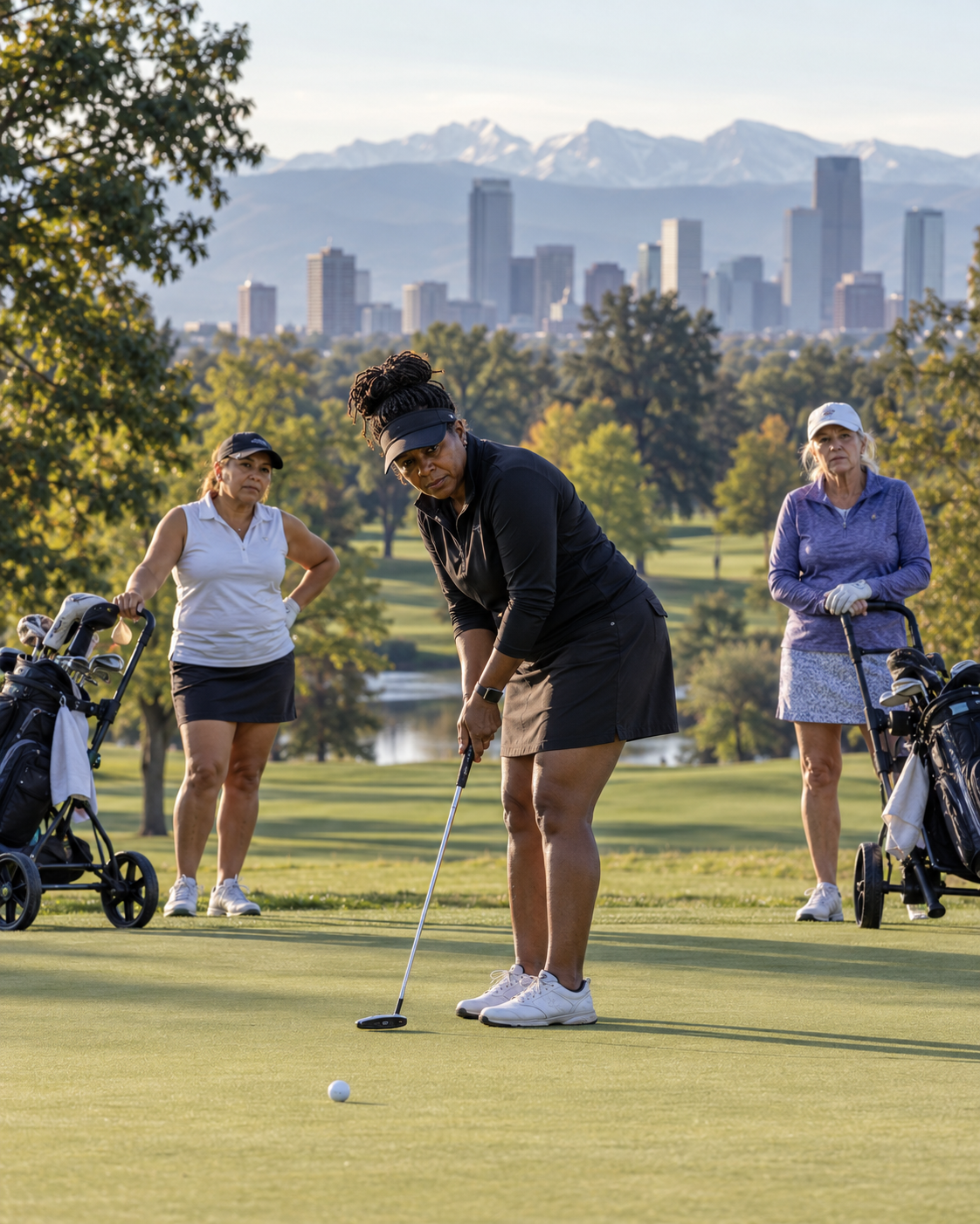 A Black woman reads a putt during women's division play on an urban Denver course.