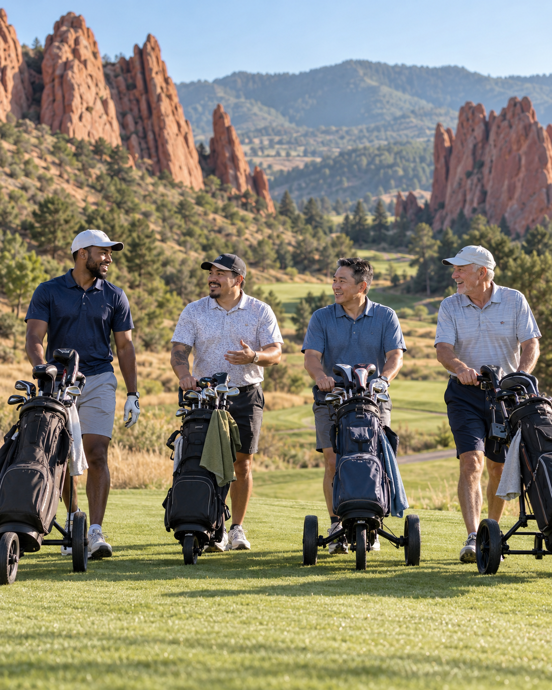 Four men push their golf carts toward the first tee through Colorado red rock terrain.